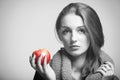 Autumn woman girl red apple eye-lashes black white Royalty Free Stock Photo