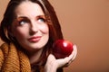 Autumn woman girl red apple glamour eye-lashes Royalty Free Stock Photo