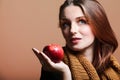 Autumn woman red apple fresh girl eye-lashes Royalty Free Stock Photo
