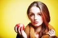Autumn woman red apple fresh girl glamour eye-lashes Royalty Free Stock Photo
