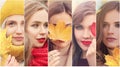 Autumn women portrait. Many female faces and fall leaves outdoor