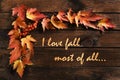 Autumn wooden background with leaf frame and text