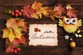 Autumn wooden background with leaf frame and old paper sheet with text