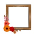 Autumn wooden square frame with flowers and leaves