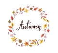 Autumn word beautiful handwritten lettering in colorful autumn leaves wreath. - Vector illustration Royalty Free Stock Photo