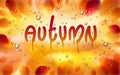 Autumn word drawn on a window, yellow and red leaves and water rain drops or condensate macro, vector 3d realistic transparent