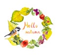 Autumn wreath - bird, flowers, yellow leaves. Floral watercolor border Royalty Free Stock Photo