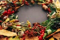 Autumn wreath of fall leaves, red berries, acorns, anise, nuts, autumn flowers closeup on black background. Happy Thanksgiving Royalty Free Stock Photo