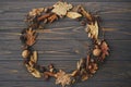 Autumn wreath flat lay. Autumn leaves, berries, nuts, anise, acorns in circle on dark wood. Rustic autumnal wreath with dried Royalty Free Stock Photo