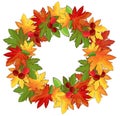 Autumn wreath of leaves and berries with empty space for text. Round frame with orange and yellow maple leaves. Royalty Free Stock Photo