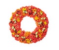 Autumn wreath from rowan, acorns, flowers and various fruits isolated on white background top view. Flat lay styling. Royalty Free Stock Photo