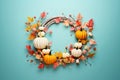 Autumn wreath of small orange white pumpkins and floral leaves on turquoise background Royalty Free Stock Photo