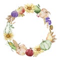 Autumn wreath of watercolor fruits and pumpkins