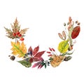 Autumn wreath of yellow, orange, maple leaves, linden, wild rose, berries.Colorful frame your text. Watercolor.