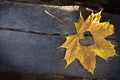 Autumn yellow leaf with with heartover wooden backgound