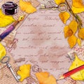 Autumn yellow leaves, aged paper, letters, hand written text and vintage pen, pencil, ink bottle. Vintage card, blank Royalty Free Stock Photo