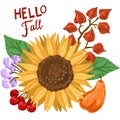 Autumn bouquet. Sunflower, physalis, berries and leaves. Vector illustration