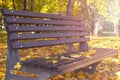 Autumn yellow leaves lie on a brown wooden park bench. Fall foliage in the city. October. Royalty Free Stock Photo