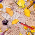 Autumn yellow leaves, old paper, letters, hand written notes and vintage keys, pen, pencil, ink bottle. Seamless pattern Royalty Free Stock Photo