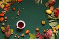 Autumn yellow and Red leaves and fruits on a green background Royalty Free Stock Photo