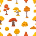 Autumn yellow red tree and bush print. Seasonal nature elements, bright fall forest seamless pattern. Vector background Royalty Free Stock Photo