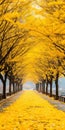 Autumn Yellow Tree Leaves Falling On A Yellow Walkway
