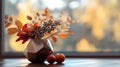 Autumnal Arrangement with Geometric Vase and Apples Royalty Free Stock Photo