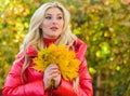 Autumnal bouquet concept. Woman spend pleasant time in autumnal park. Girl blonde makeup dreamy face hold bunch fallen