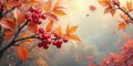 Autumnal branch with vibrant red berries and falling leaves, a serene fall scene. Generative AI Royalty Free Stock Photo