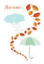 Autumnal card. Blue cloud, green umbrella and colorful leaves