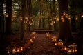 Autumnal ceremony in a forest clearing with fallen leaves, rustic wooden benches. AI Generated