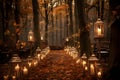 Autumnal ceremony in a forest clearing with fallen leaves, rustic wooden benches. AI Generated