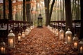 Autumnal ceremony in a forest clearing with fallen leaves, rustic wooden benches. AI Generated