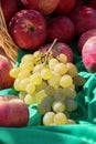 Autumnal concept with variety of fruit in a basket shot outdoor Royalty Free Stock Photo