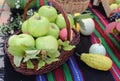 Autumnal concept with variety of fruit in a basket shot outdoor Royalty Free Stock Photo