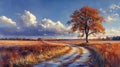 Autumnal Country Road, Single Tree, Sunset, Field, Cloudscape Royalty Free Stock Photo