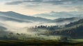 Autumnal countryside with hills on the horizon, sky with clouds and mist. Royalty Free Stock Photo