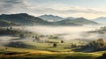 Autumnal countryside with hills on the horizon, blue sky with clouds and mist. Royalty Free Stock Photo