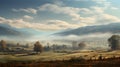 Autumnal countryside with hills on the horizon, sky with clouds and mist. Royalty Free Stock Photo