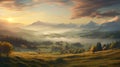 Autumnal countryside with hills on the horizon, sunset and mist. Royalty Free Stock Photo