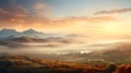 Autumnal countryside with hills on the horizon, sunset and mist. Royalty Free Stock Photo