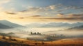 Autumnal countryside with hills on the horizon, sunset and mist. Royalty Free Stock Photo