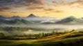 Autumnal countryside with hills on the horizon, sunset and mist. Royalty Free Stock Photo