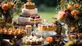 Autumnal dessert buffet table, event food catering for wedding, party and holiday celebration, cakes, sweets and desserts in Royalty Free Stock Photo