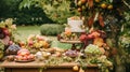 Autumnal dessert buffet table, event food catering for wedding, party and holiday celebration, cakes, sweets and desserts in