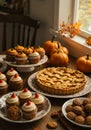 Autumnal Dessert Table with Pumpkin Pie and Cupcakes Royalty Free Stock Photo