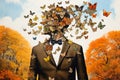 Autumnal Digital Collage Art. Man And Butterflies Head.