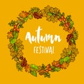 Autumnal or fall round frame background. Wreath of autumn leaves