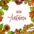 Autumnal or fall round frame background. Wreath of autumn leaves
