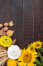 Autumnal food background. Crop of vegetables and fruit on wooden background Royalty Free Stock Photo